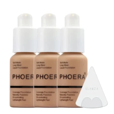 Afbeelding van Glamza Phoera foundation make up set met volledige dekking 24 uurs langdurige oliebestrijding zachte gladde matte vlekkeloze concealer crème Inc x3 30 ml en siliconen blender spons (105 zand)