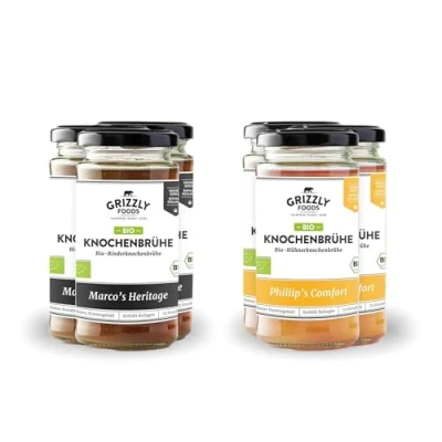Afbeelding van Grizzly Foods Biologische bottenbouillon rundvlees en kip (6 x 240 ml) Meer dan 10 g collageen per glas 72 uur lang gekookt 100% natuurlijk zonder suiker, toevoegingen waardevolle