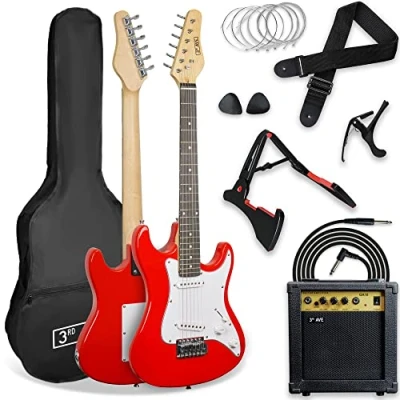 Afbeelding van 3rd Avenue XF 3/4 formaat elektrische gitaar, ultieme kit met 10W versterker, kabel, statief, gigbag, gitaarband, reservesnaren, plectrums, capo rood