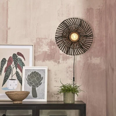 Afbeelding van Good&amp;Mojo Wandlamp Zanzibar Rotan Plat Small Zwart 40x40x12cm