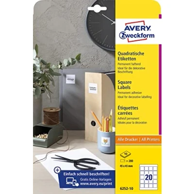Afbeelding van Avery Zweckform vierkante etiketten, 45 x mm, wit, permanent klevend, 200 10 vellen