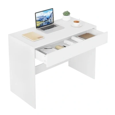Afbeelding van eSituro 100 cm bureau met laden, computertafel, wit, klein bureau, kleine tafel, bureautafel, lade, studeertafel, x 50 74