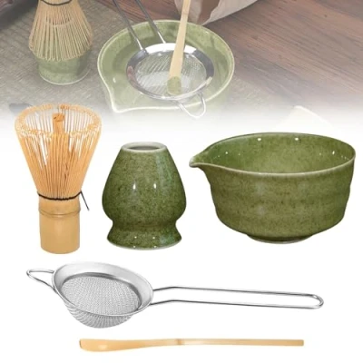 Afbeelding van BORDEAG Japanse matcha theeset, 5 stuks set, garde bezemset, complete set met schaal, theepoeder garde, lepel, bezemhouder (groen