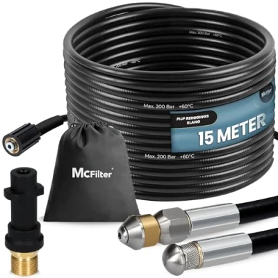 Afbeelding van McFilter Universele pijpreinigingsset, 15 m, 200 bar, inclusief zak met adapter, vaste + roterende sproeiers, compatibel Kärcher K2 K3 K4 K5 K6 K7 hogedrukreinigers