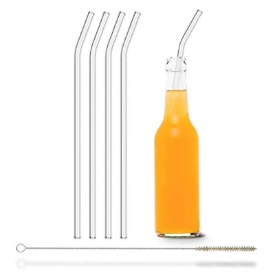 Afbeelding van Halm glazen rietjes, herbruikbaar rietje, 4 stuks, gebogen, 30 cm + plasticvrije reinigingsborstel, vaatwasmachinebestendig, duurzaam, rietjes voor drinkflessen, limoflessen,