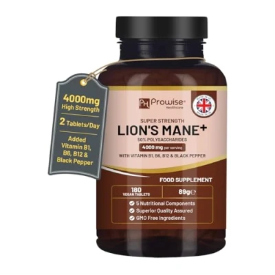Afbeelding van Lions Mane Mushroom Supplement 4000mg met vitamine B1, B6, B12 en zwarte peper 180 supersterke veganistische tabletten 50% polysachariden Gemaakt in het VK door Prowise