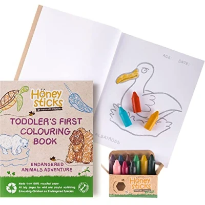 Afbeelding van Honeysticks 100% natuurlijke bijenwaskrijtjes en kleurboek Pack Groot, gemakkelijk vast te houden, niet giftige kleurpotloden (12 stuks) plus een premium kwaliteit gebonden kleurboek. Prachtig