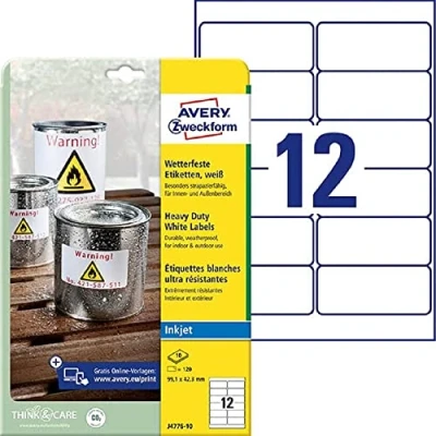 Afbeelding van AVERY Zweckform J4776 10 Weerbestendige folieetiketten Inkjet (120 stickers, 99,1 x 42,3 mm op A4, extreem zelfklevend, waterbestendig, duurzaam, bedrukbare outdoor plakfolie) vellen, wit