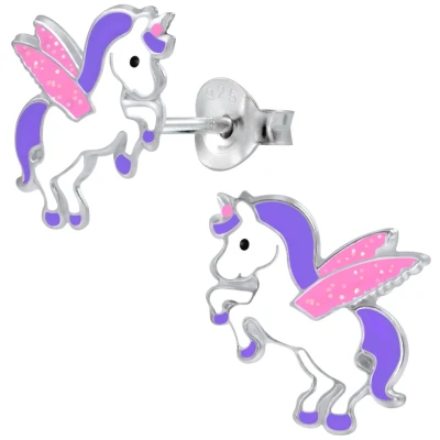Afbeelding van JoyS Zilveren eenhoorn oorbellen met roze glitter vleugeltjes 10 x 13 mm unicorn oorknoppen