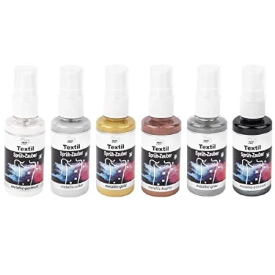 Afbeelding van Ideen mit Herz Textielspuitverf Sprah Zauber metallic, 6 x 50 ml, sterk gepigmenteerd, hoogste glans voor textiel, op waterbasis (set 1, parelmoer, zilver, goud, koper, grijs, zwart)