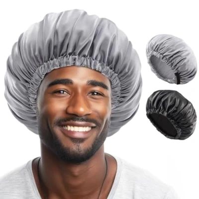 Afbeelding van Lolalet 2 stuks bonnet voor mannen, haar zijden mutsen om te slapen heren verstelbare satijnen nachtmuts dreadlocks afrovlechten krullend, Zwart + Grijs, One Size Large