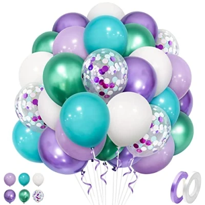 Afbeelding van Zeemeermin paarse Teal witte ballonnen, 50 stuks 12 inch paars helium latex ballonnen met metallic chroom groene confetti voor verjaardag baby shower partij decoraties