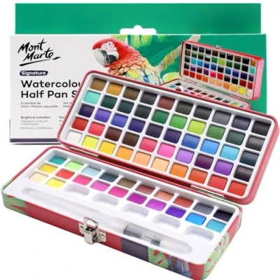 Afbeelding van MONT MARTE Aquarelset Signature 73 stuks, inclusief 50 heldere en 22 metallic kleuren met doorschijnende afwerking, ideaal voor kunstenaars, hobbyisten volwassenen, mengputten navulbare ronde