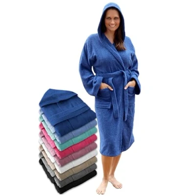 Afbeelding van LEBENGOOD Badjas voor dames met capuchon, 100% Amerikaanse badstof, 400 g, zakken, zachte badjas, badhanddoek, Blauw., L