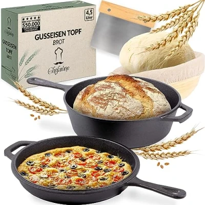 Afbeelding van Chefarone Gietijzeren Pan 3L 2 in 1 Braadpan Inclusief Deksel Sudderpan Broodpan Geschikt voor Alle Warmtebronnen Inductie Kookpan Brood Bakken Skillet Broodbakbol Ø20CM Hittebestendig tot 300C Vaderdag Cadeau