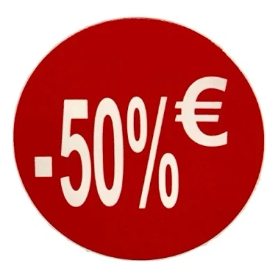 Afbeelding van Prijskaartjes 50% Euro Pack van 1000 Rode Zelfklevende Plakstickers Prijs Stickers Korting Deal Liquidatie