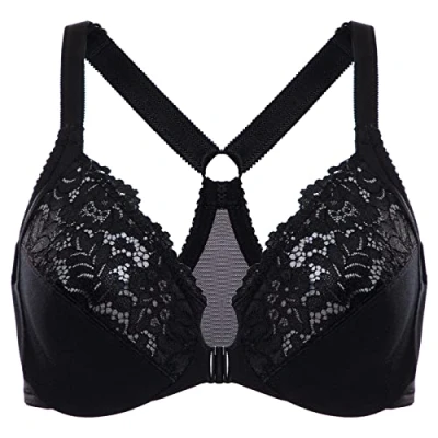 Afbeelding van DELIMIRA Women&#039;s Front Closure Plus Size Full Coverage Lace Underwire Racerback Bra zwart 80G