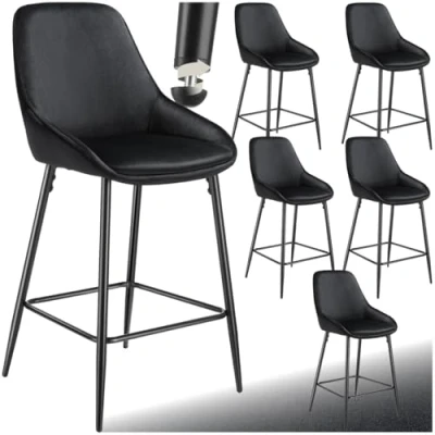 Afbeelding van tectake® Set van 6 Barkrukken Siera Gestoffeerde Barkruk met rugleuning Barstoelen Barstoel voetensteun Eetkamerstoel fluweellook bekleding en zachte schuimvulling Stevige stalen poten antislip vloerbescherming Zwart