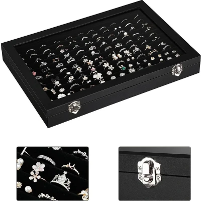 Afbeelding van Luxe Sieraden Display Opbergdoos Oorbellen &amp; Ringen Houder Juwelen Opbergbox Zwart