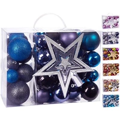 Afbeelding van BRUBAKER 50 Delige Kerstballen Set met Boomtop Kerstboomversiering in Zwart Paars en Blauw