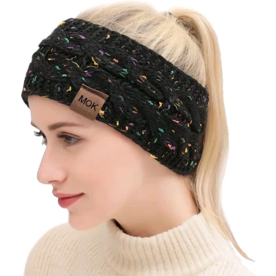 Afbeelding van Warme gebreide fleece gevoerde winter hoofdband, Kleur Zwart met Kleurtjes, Onesize, haarband,