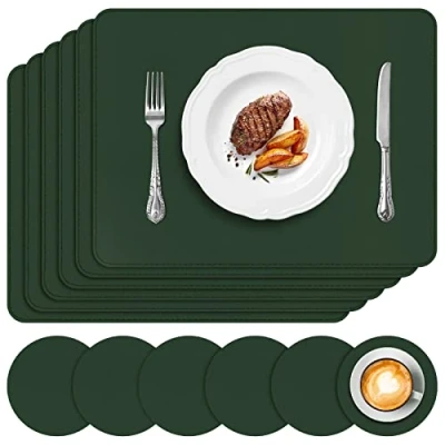 Afbeelding van APLKER Placemats en onderzetters, set van 6, warmte isolerende PU lederen tafelmatten, waterdicht, wasbaar, eetmatten voor keuken, binnen, buiten, feest donkergroen