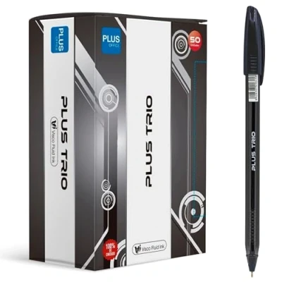 Afbeelding van Plus Office Trio Pack met 50 balpen dop, vloeibare viscose inkt, optimaal voor kantoor, thuis en school, zwart 0,7 mm lijnbreedte (50 zwart)