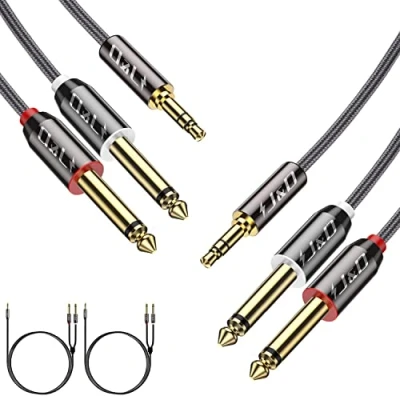Afbeelding van J&amp;D 3,5 mm TRS Mannelijk naar Dubbel 6,35 TS Mono Stereo Y kabel Splitter, Behuizing van Zinklegering, Nylon Vlecht, Vergulde Koperen Schaal, 1,8 Meter, 2 Pack