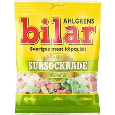 Afbeelding van Ahlgrens Bilar Sursockrade Zweeds Zuid Fruit Marshmallow auto&#039;s zacht en taai snoep 125 g