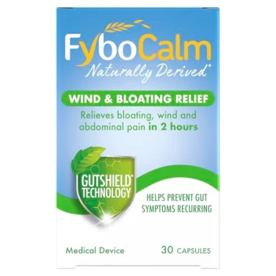 Afbeelding van FyboCalm Wind &amp; opgeblazen gevoel, natuurlijk afgeleid, 30 capsules, buikpijn, langdurige verlichting, glutenvrij, lactosevrij, verlicht en voorkomt terugkerende darmsymptomen, kalmeren versterken