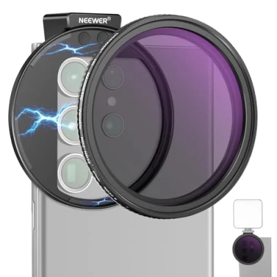 Afbeelding van NEEWER 67 mm Clip On Variabele ND2 ND32 telefoonlensfilterkit, telefoonclip met magnetische adapterring/koude schoen/vergrendelknop, HD magnetisch ND filter voor iPhone 15 Pro Max 14 13 Galaxy S22 S23