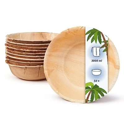 Afbeelding van onlyleaf Palmware Milieuvriendelijke wegwerpservies van palmbladeren, 50 stuks, palmblad schaal, rond, 3000 ml, Ø 30 cm, slakom, dipschalen, soepkom, serveerschaal, snackschaal