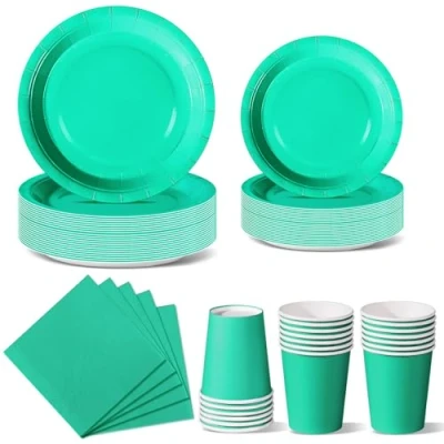 Afbeelding van Nkaiso Verjaardag feestservies, 96 delig, blauw, groen, feestborden, set wegwerpborden, papieren kopjes, servetten, voor barbecue, feesten, picknicks, 24 gasten