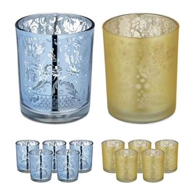 Afbeelding van Relaxdays theelichtglazen set van 12 sfeerverlichting met patroon zilver &amp; goud