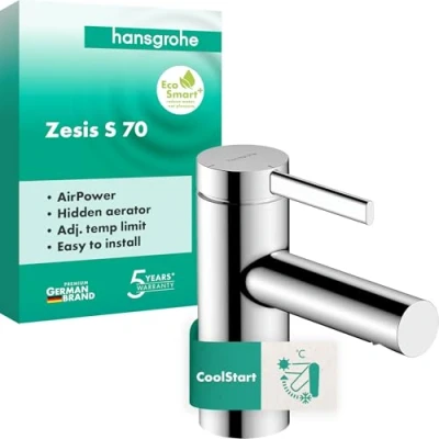 Afbeelding van hansgrohe Zesis S Wastafelkraan zonder afvoer, energiebesparend (CoolStart), Wastafelmengkraan met uitloop hoogte 74 mm, Badkamerkraan waterbesparend (EcoSmart+), chroom, 74711000