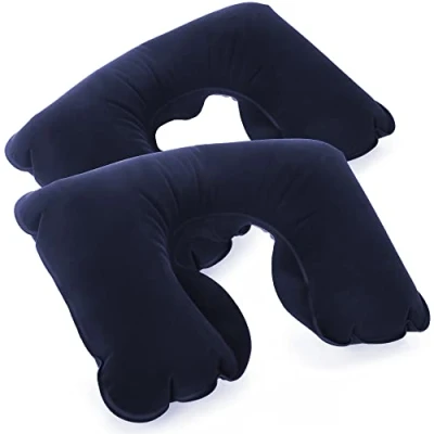 Afbeelding van COM FOUR® 2x opblaasbaar neksteunkussen praktisch nekkussen om op te blazen ideaal reiskussen voor onderweg (2 stuks blauw)