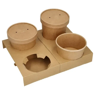 Afbeelding van Draagkarton Draagtray Karton &quot;Pure&quot; Bruin Met 4 Gaten Voor Soepbekers 198 x 241 36mm Diameter Gat 8cm