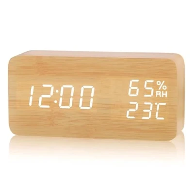 Afbeelding van Digitale houten led wekker met 3 alarmen, nachtkastwekker temperatuur en vochtigheid, display geactiveerd door aanraking of audio, instelbare helderheid, USB aansluiting