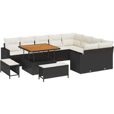 Afbeelding van vidaXL 12 delig tuinbankstel met kussens zwart poly rattan acacia, 3 tuin eetset acacia