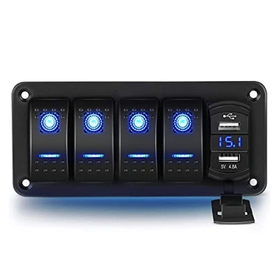 Afbeelding van RUIZHI 4 Gang Rocker Switch Panel 5 Pin ON Off Tuimelschakelaar met Blauwe LED Backlit 12 V/24 V Stopcontact voor Boot Auto Voertuigen Vrachtwagen