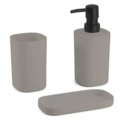 Afbeelding van MSV Badkamer accessoires set 3 delig Lona Kunststof Beige Zeeppompje/beker/schaaltje Badkameraccessoireset