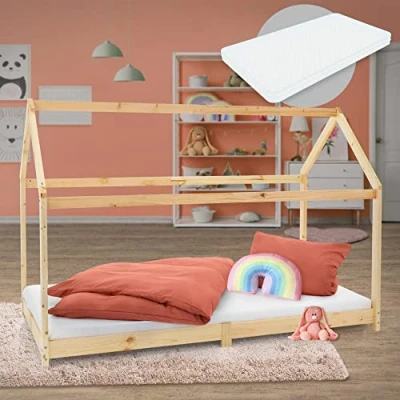Afbeelding van Kinderbed met dak en lattenbodem 90x200 cm naturel grenen hout ML Design