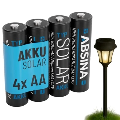 Afbeelding van ABSINA 4 x zonne accu, oplaadbaar, 800 mAh, 1,2 V, NiMH Mignon AA batterijen voor zonnelampen accu&#039;s met lage zelfontlading accu batterij,