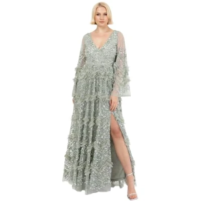 Afbeelding van Maxi jurk voor dames, V hals, pailletten, ruches, Empire taille, split bal, bruidsmeisje, bruiloftsgast, Groene Lelie, 26, 52