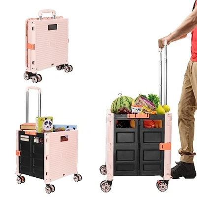 Afbeelding van LexonElec Boodschappentrolley, inklapbaar transporttrolley, shopping cart, trolley met deksel, opvouwbare boodschappentrolley winkelwagen vouwbox roze, tot 50 kg, telescopische handgreep, uittrekgreep van aluminium kunststof