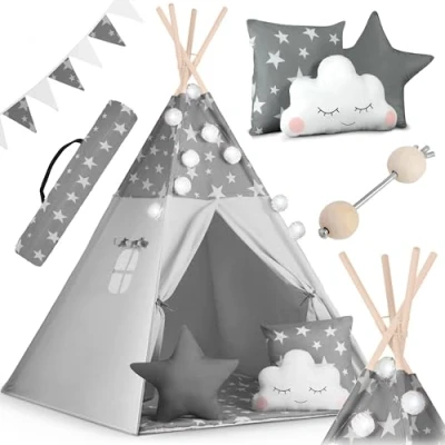 Afbeelding van Nukido Kindertent Tipi Tent Katoen Houten Frame Schattig Ontwerp Ontwikkeling Aanmoediging Eenvoudig Schoon Te Maken 120x120x165cm Guirlandes Lichtgrijs, 740020, Grijs met Sterren,