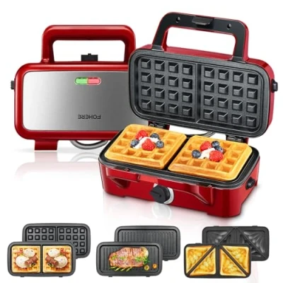 Afbeelding van Wafflesmaker 3 in 1, 1200 W sandwichbroodrooster, elektrische broodrooster, high performance 5 traps temperatuurregeling, kabelopslag, antiaanbaklaag, vintage rood