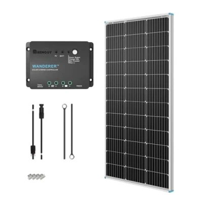Afbeelding van Renogy Basic starter op zonne energie, bouwpakket met 100 W, 12 V, monokristallijn zonnepaneel, zonnekabels en V PWM laadregelaar, negatieve aarding