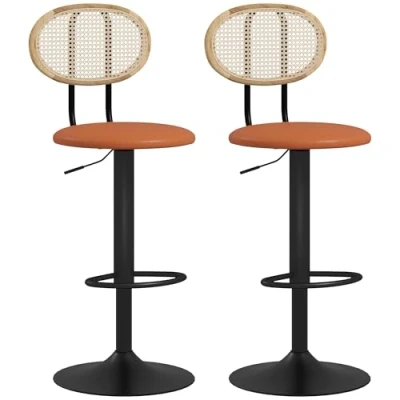 Afbeelding van HOMCOM Set van 2 barkrukken, barstoelen, in hoogte verstelbaar, met rugleuning rotan en voetensteun, moderne hoge kruk, houtstructuur, synthetische coating, bruin