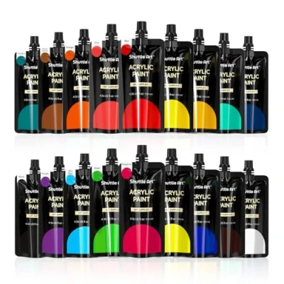 Afbeelding van Shuttle Art Acrylverf, 18 kleuren acrylverfzakjes (120 ml), acrylverfset, rijke pigmenten, niet giftig voor kunstenaars, beginners en kinderen op stenen, ambachten, canvas, hout keramiek